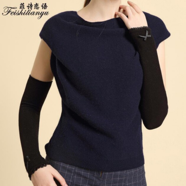 秋冬长款手臂袖套女棉保暖蝴蝶结珍珠半指手套针织加厚毛线假袖子