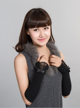 羊绒手臂套袖套女 秋冬针织羊毛线中长款半指手套 加厚保暖假袖子