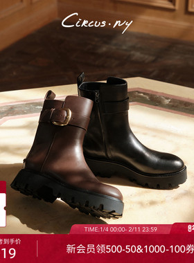 SAM EDELMAN山姆爱德曼冬新皮带扣机车短靴增高厚底女黑棕CIRCUS