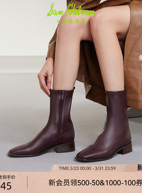 SAM EDELMAN山姆爱德曼冬粗跟方头红色瘦瘦靴拉链短靴女TIERNEY