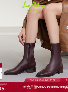 SAM EDELMAN山姆爱德曼冬粗跟方头瘦瘦靴拉链短靴女黑TIERNEY