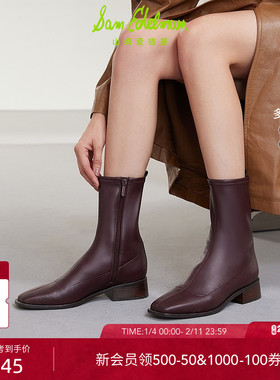 SAM EDELMAN山姆爱德曼冬粗跟方头瘦瘦靴拉链短靴女黑TIERNEY