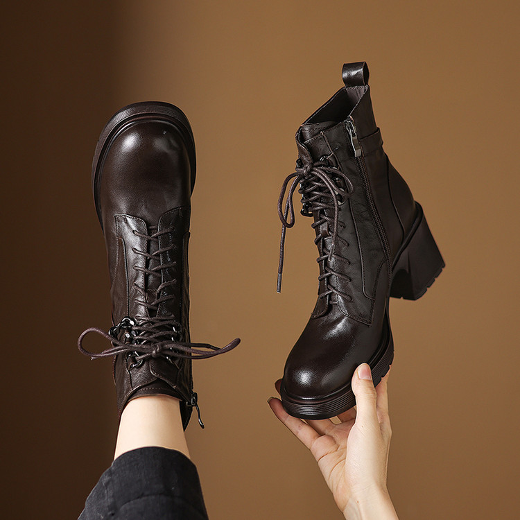 短靴女款2025新款秋冬季真皮加绒粗跟短靴女高跟厚底靴子