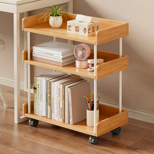 实木书籍置物架可移动小推车书本收纳架神器家用放书包桌下滑轮柜