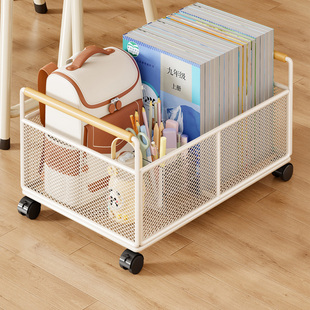 教室书本收纳箱大容量桌下学生书包置物架带滑轮可移动装书收纳盒学生教室专用桌面收纳筐落地可移动书架推车