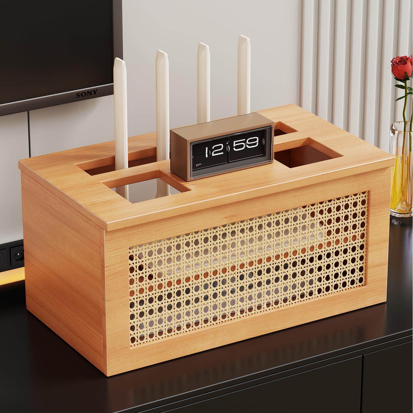 实木路由器放置架wifi收纳盒子电视机顶盒隐藏置物架插座宽带整理