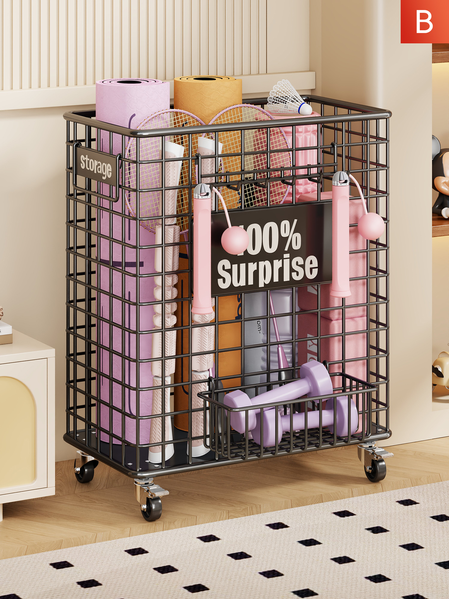 瑜伽垫收纳筐家用大号带轮羽毛球拍健身器材置物架运动工具收纳架