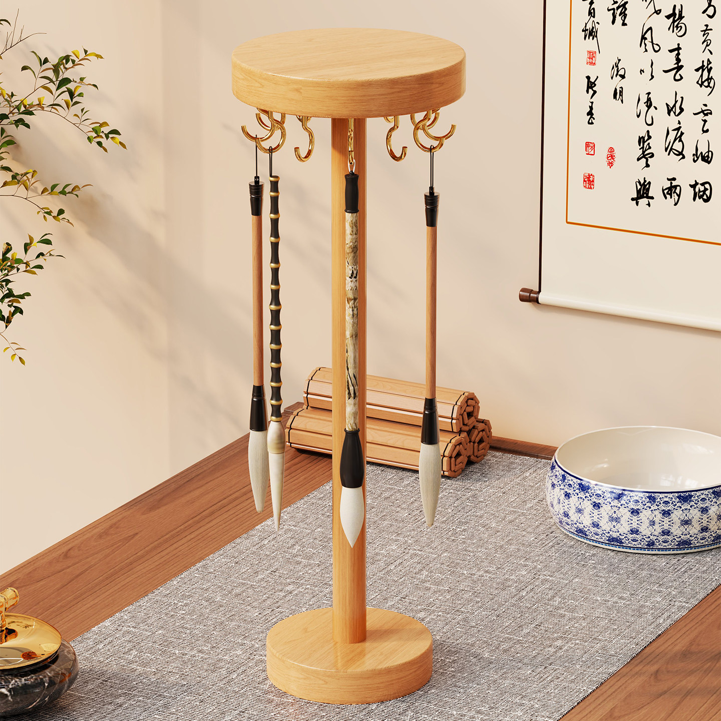实木毛笔收纳架桌面挂架笔挂笔架简约毛笔置物架学生书法专用毛笔挂架文房四宝摆件展示架悬挂式书房毛笔笔托
