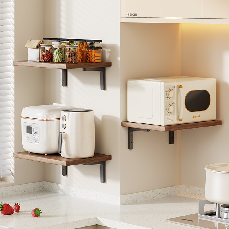 实木厨房墙上置物架壁挂式微波炉碗碟收纳架一字板电饭煲调料整理,厨房/烹饪用具,微波炉置物架,淘宝优惠券,粉丝福利购,淘宝优惠卷