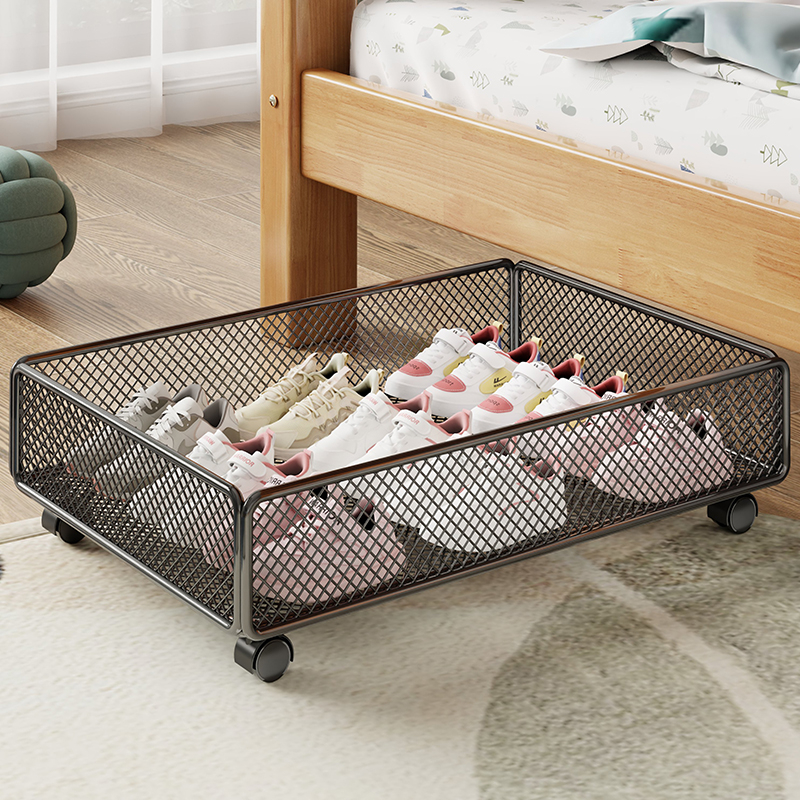 儿童鞋架家用床下可移动小型鞋子收纳筐多功能带滑轮铁艺简约鞋盒