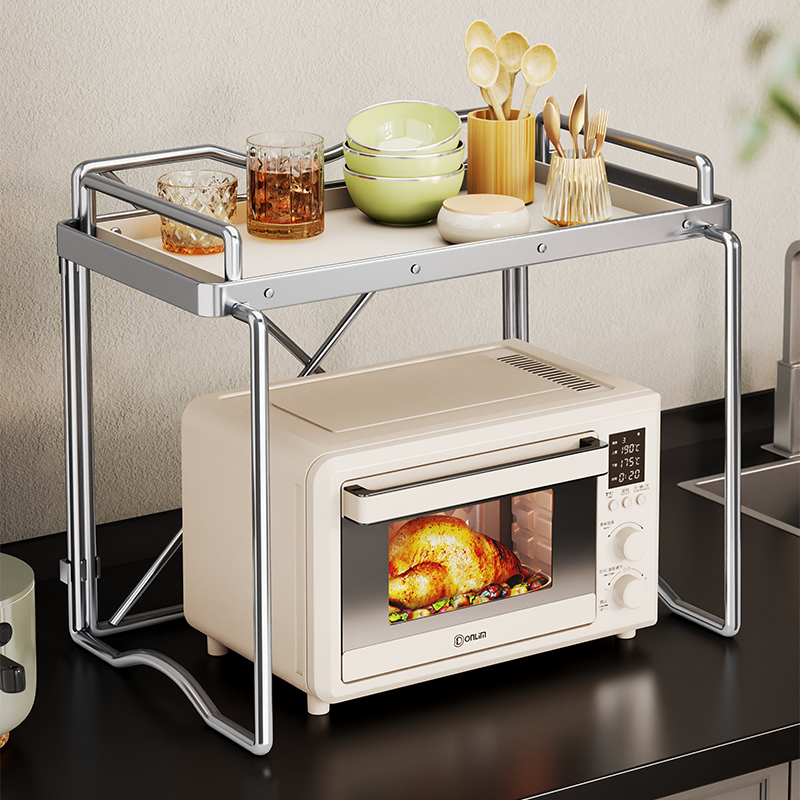 不锈钢+钢化玻璃厨房微波炉置物架台面烤箱电饭煲一体电器收纳架