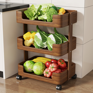 实木厨房果蔬菜篮小推车书包置物架落地可移动多层客厅零食收纳架