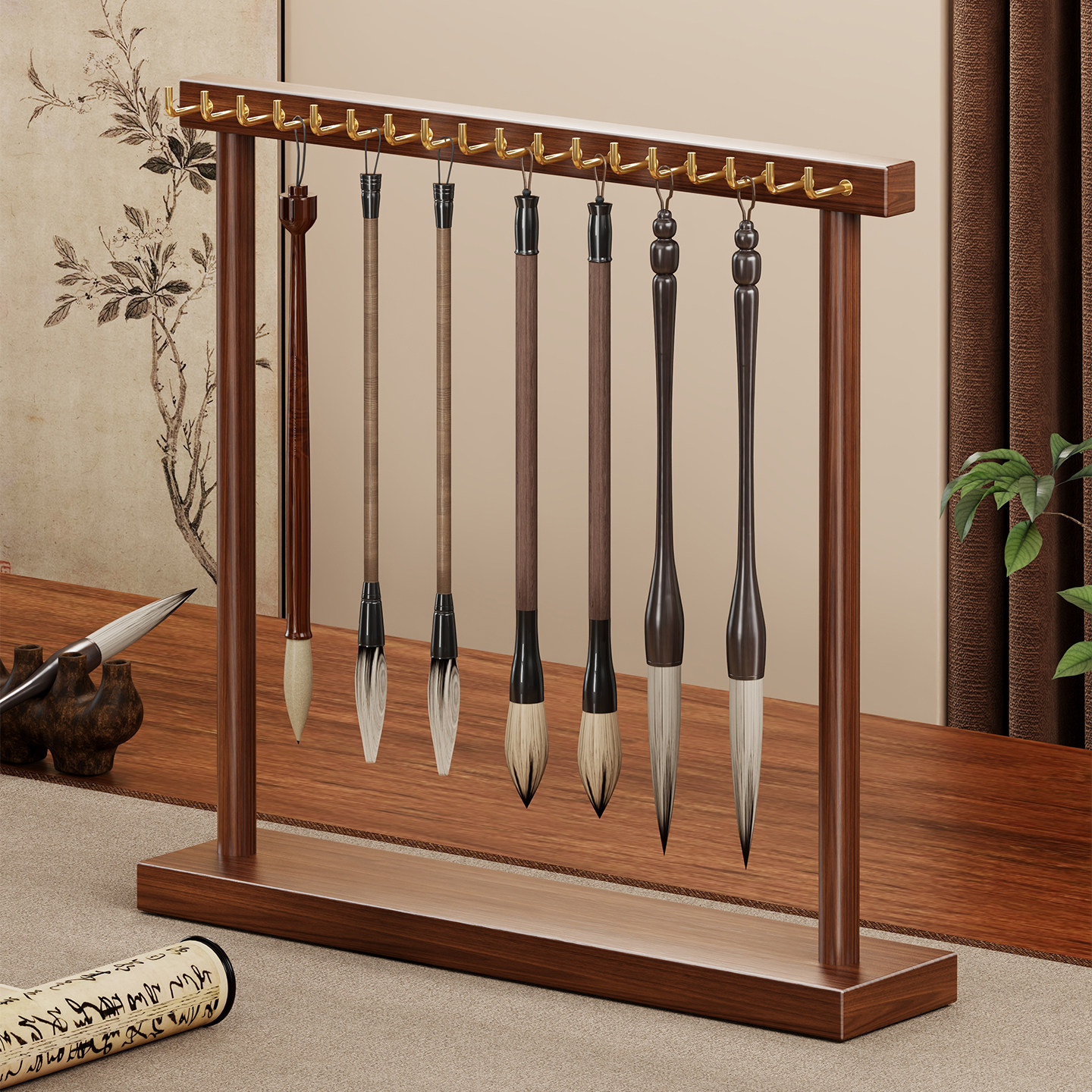 多功能毛笔挂架置物架实木陈列架子桌面展示架书法专用文具收纳架复古