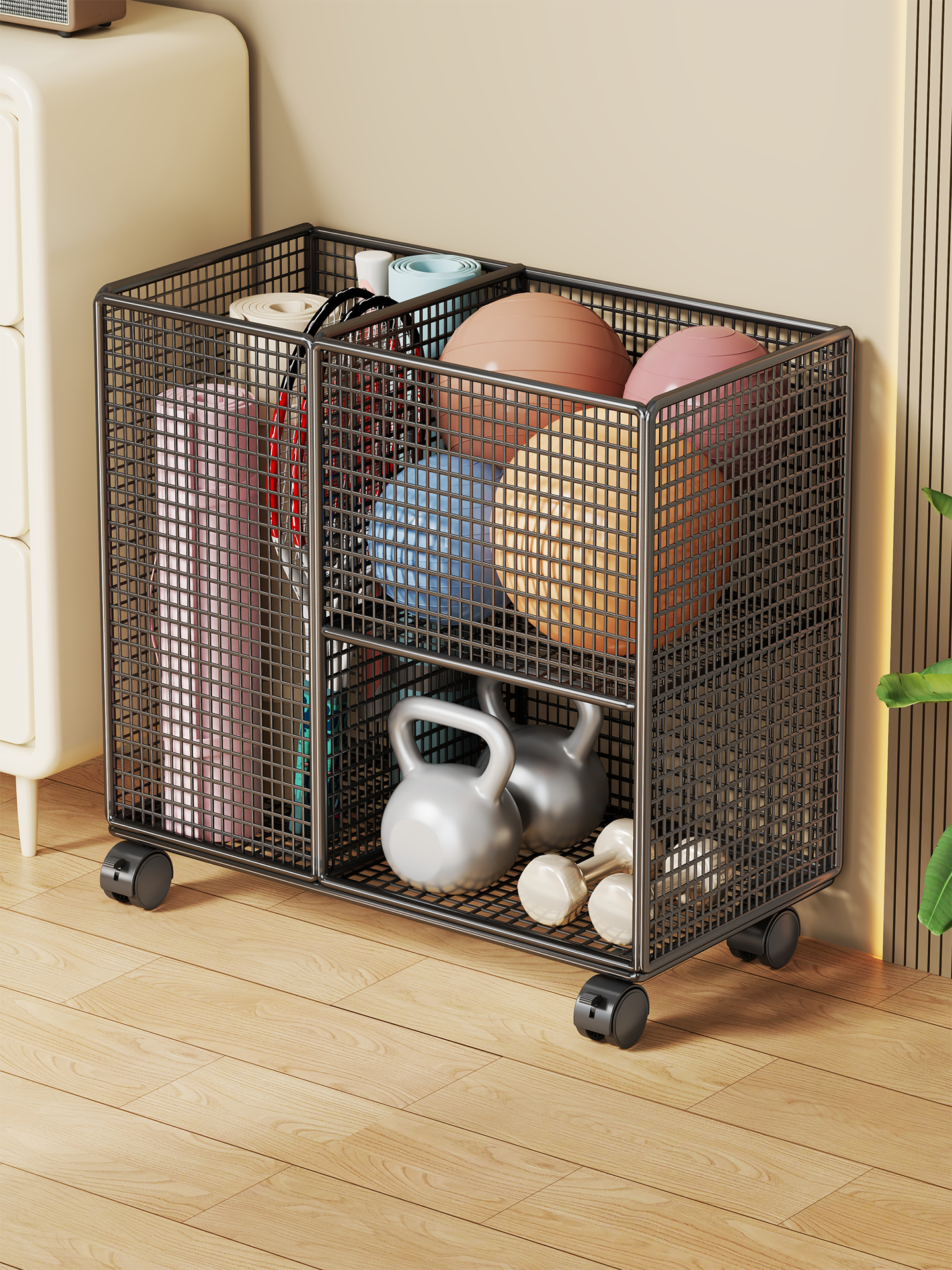 瑜伽垫收纳筐家用大容量带轮可移动运动工具收纳架健身器材置物架