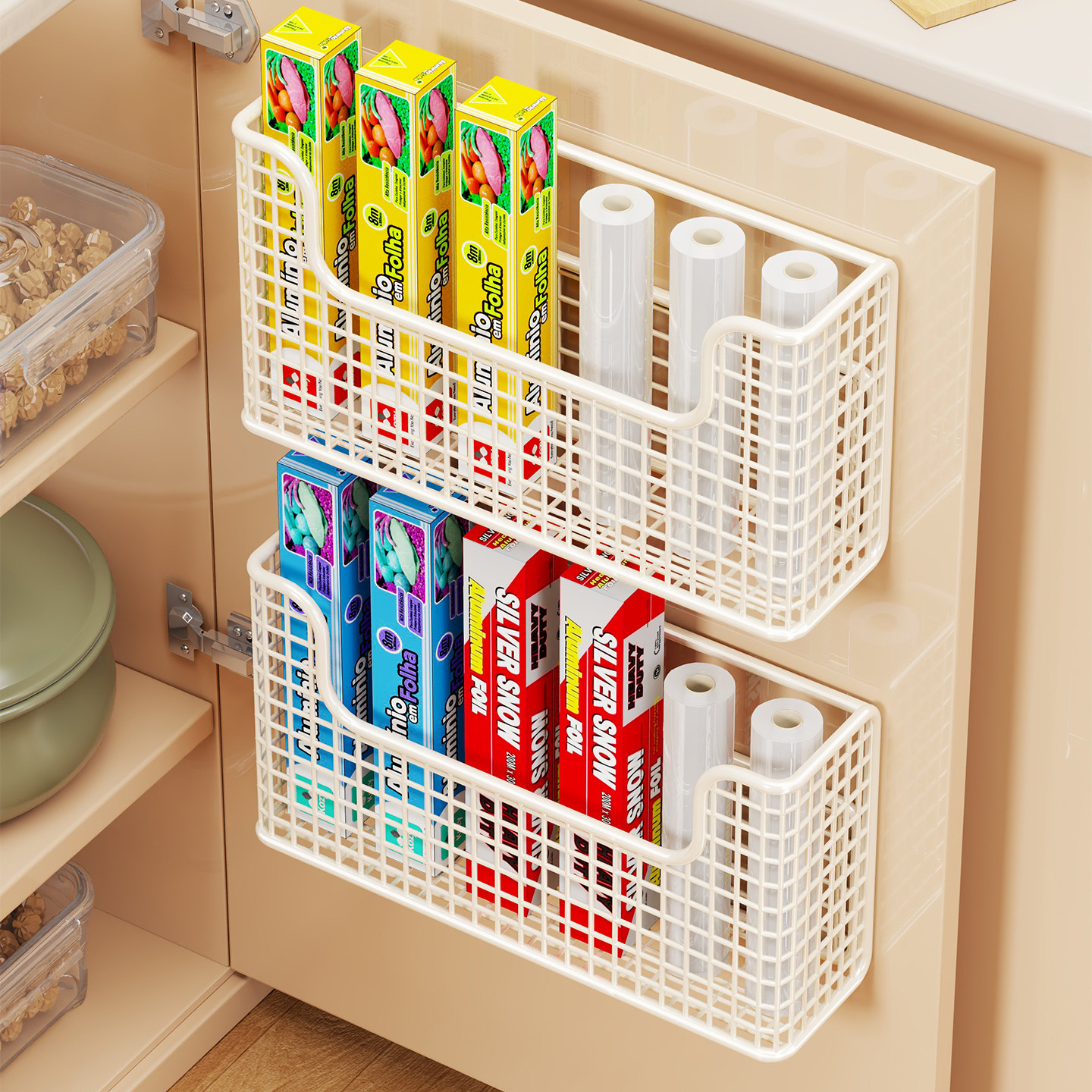 柜门内保鲜膜收纳盒厨房壁挂式垃圾袋挂篮冰箱侧免打孔调料置物架,收纳整理,桌面收纳盒,淘宝优惠券,粉丝福利购,淘宝优惠卷