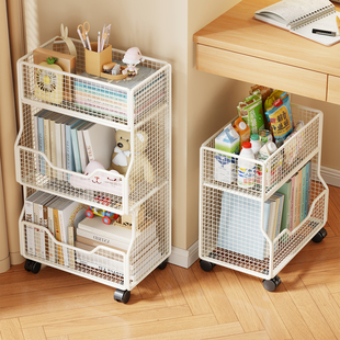 桌边书架分层大容量书籍置物架学生桌下零食饮料收纳箱可移动装书的小推车收纳架办公室桌面文件架资料收纳筐