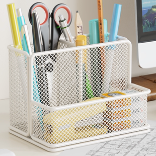 笔筒办公桌面收纳盒大容量多功能笔盒学生书桌杂物收纳架简约网格金属笔插文具商务笔类整理架办公用品储物架