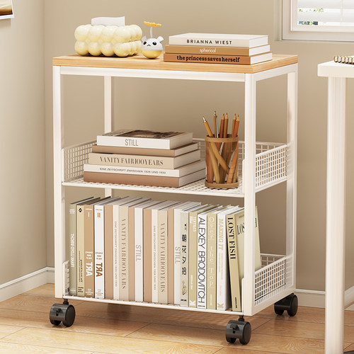 书桌旁小书架可移动桌边打印机置物架子落地桌下书本收纳带轮书柜