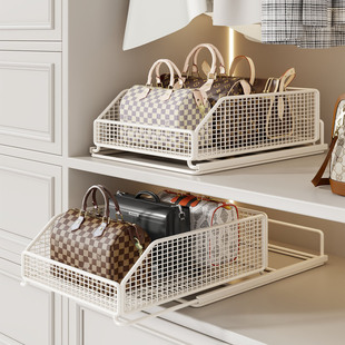 包包放置架台面免打孔伸缩衣柜拉篮抽屉式家用衣帽间收纳分层网篮
