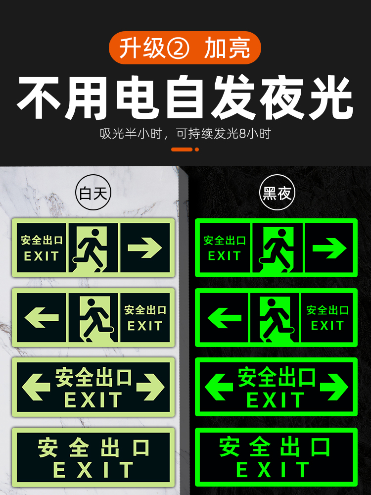 Safety exit signs, fire signs, luminous evacuation signs, wall stickers, wear-resistant emergency escape passages, corridors, self-luminous fluorescent landmark warnings, warnings, and free from electricity