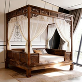 新中式 雕花双人床实木卧室北美黑胡桃木高端四柱床架子床定制家具