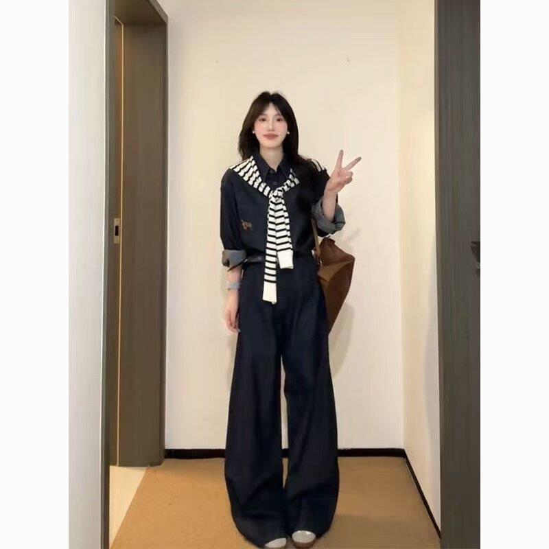 秋季三件套装通勤简约清新牛仔长袖衬衫搭配条纹披肩女学生阔腿裤