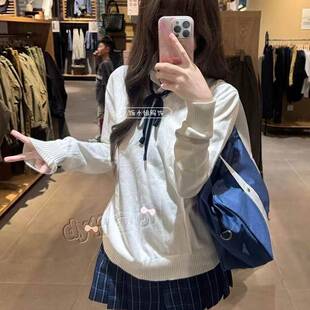 秋冬原创JK制服针织衫V领白色套头百搭毛衣学生长袖上衣三件套女