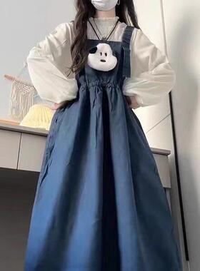 法式学院风小个子早秋长袖衬衫女学生+宽松覆古抱婴袋两件式洋装
