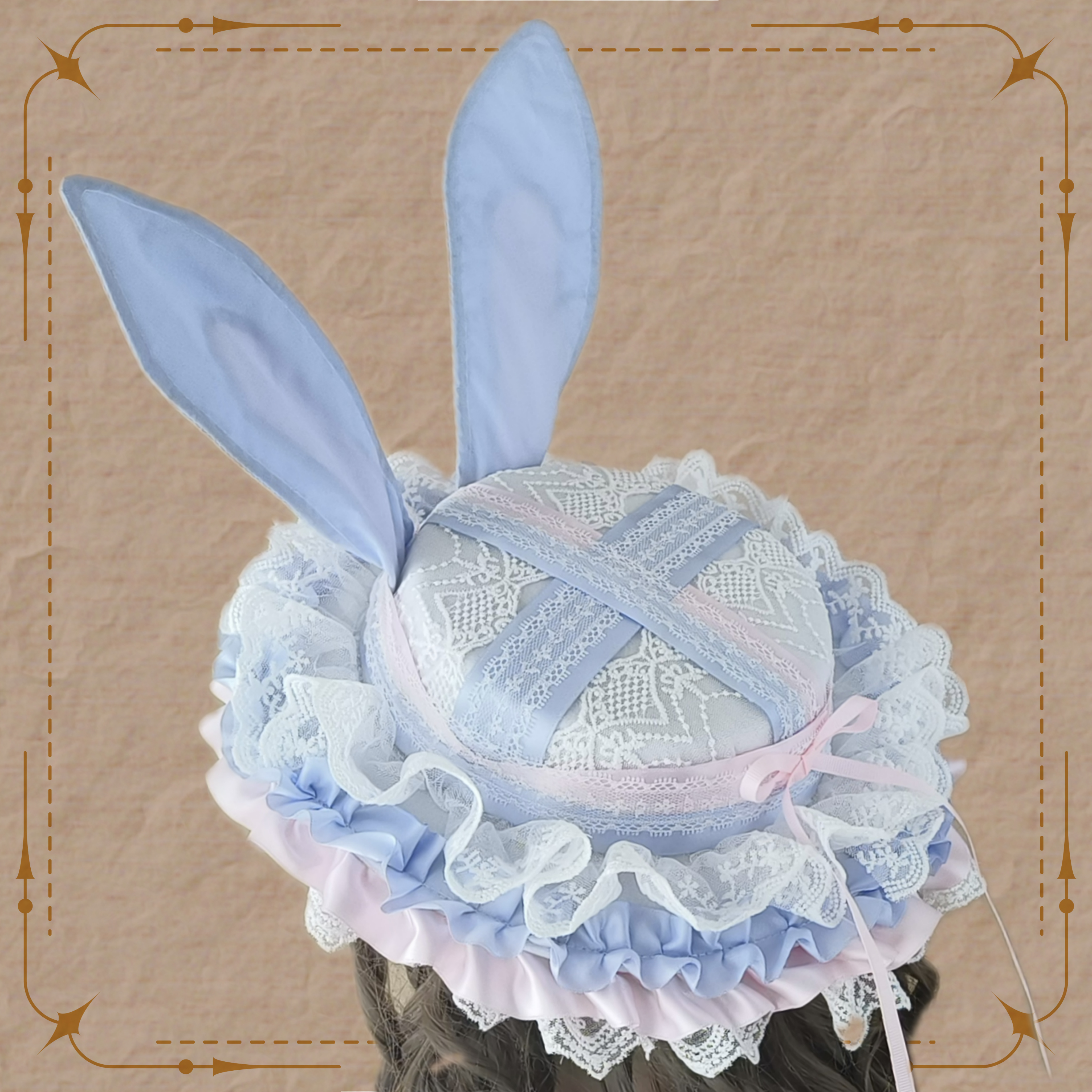 兔耳扁帽sax粉蓝doll感茶会蕾丝