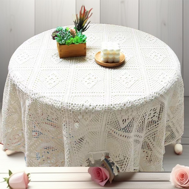 圆形餐桌垫桌布防油轻奢高级感美式防滑钩针蕾丝圆桌布餐桌布复古