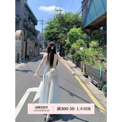白水女【人鱼公主～】薄荷绿网纱连衣裙女新款氛围感收腰显瘦裙子