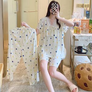 睡衣女夏季防凸点三件套装春秋天薄款短袖绵绸加大码可外穿家居服