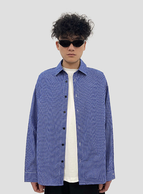 DiSi美式复古蓝色格子长袖衬衫慵懒休闲潮牌外套纯棉宽松情侣衬衣