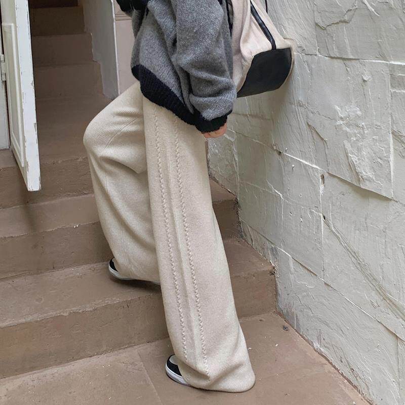KANING麻花遮胯针织阔腿裤女2025秋冬高腰垂感拖地加长休闲直筒裤