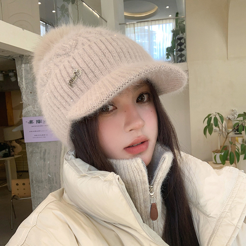 2025毛线帽子女秋冬百搭加绒加厚护耳针织帽保暖鸭舌帽显脸小可爱