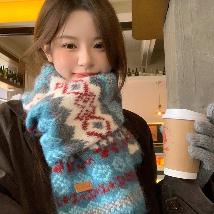 费尔岛风围巾女冬季韩系氛围学生加厚保暖围脖复古蓝色针织毛混纺