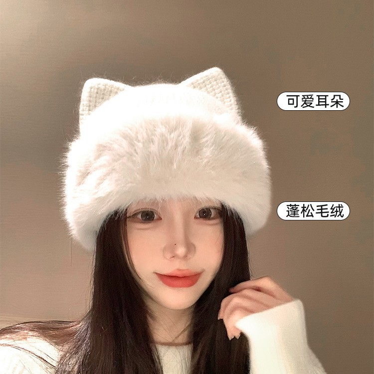 可爱猫耳朵针织毛线帽女士秋冬季白色加厚毛绒保暖显脸小护耳帽子