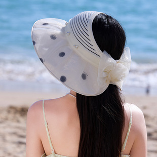 新款仙女风半空顶帽夏季波点网纱大花朵檐防晒帽透气针织遮阳帽跨