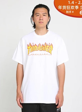 现货 THRASHER 美版经典联名情侣紫色火焰基础短袖T恤