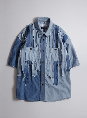 FDMTL 布条拼布3YR水洗牛仔短袖衬衫 日系复古