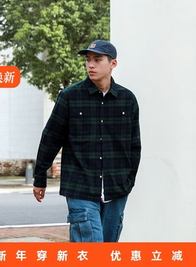 RADIUM 日系潮牌 磨毛法兰绒格子宽松呢料长袖休闲衬衫男春秋衬衣