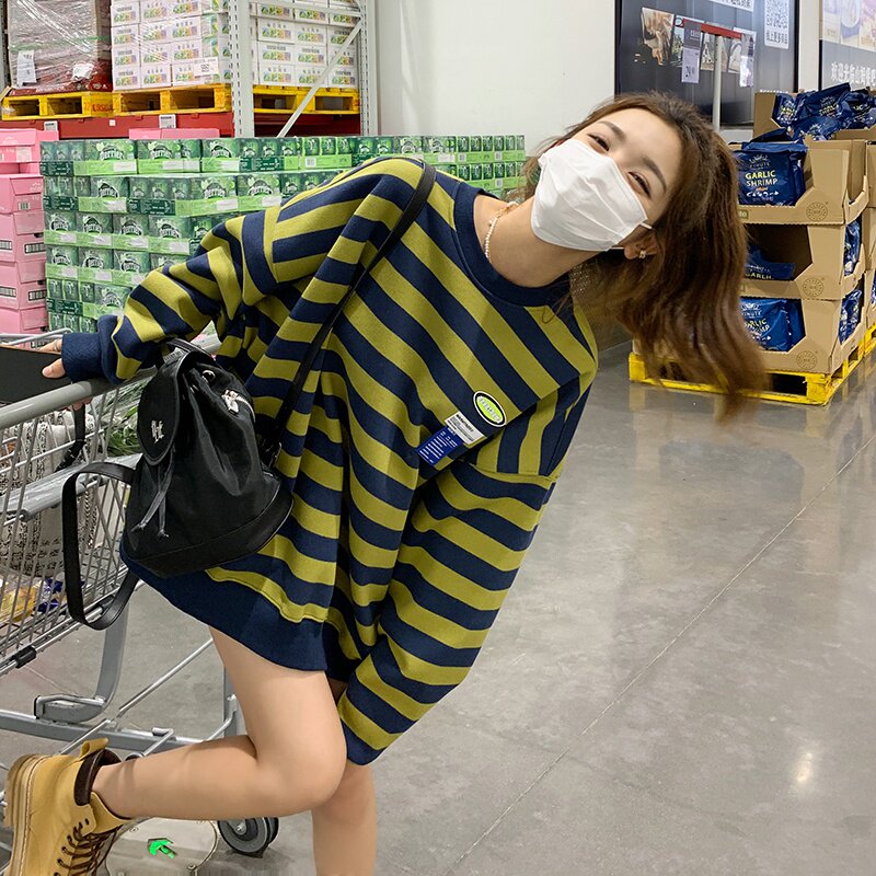 开春慵懒风条纹卫衣女2025春季新款小个子ins潮宽松休闲圆领上衣,女装卫衣/绒衫,2B193