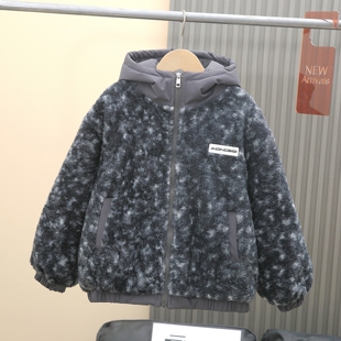男童冬装加绒毛毛衣外套2025新款儿童加厚棉服连帽大童青少年潮酷