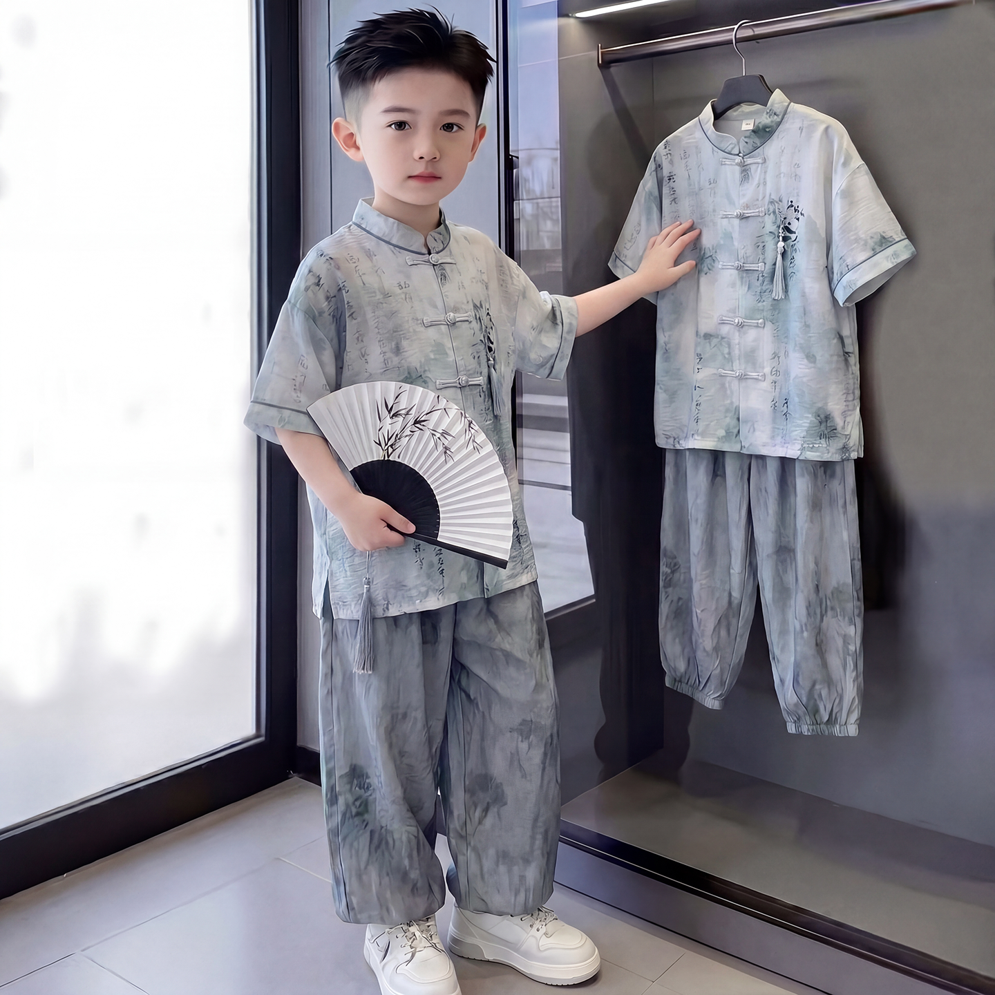 大童装男童夏季汉服短袖套装13儿童国风新中式15岁高级演出服唐装