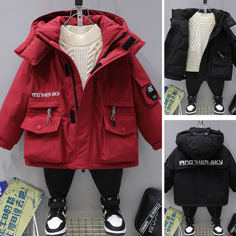 儿童装男童红色羽绒服冬款13中大童15岁连帽白鸭绒冬装保暖外套潮