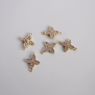 14K包金镀金保色四叶草微镶锆石双环链接直径11mm自制diy耳环材料