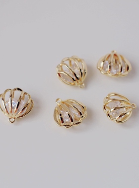 14K包金镀真金保色镂空贝壳夹锆石吊坠13mm制作手链项链挂饰材料