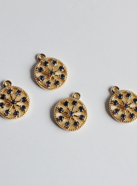 14K包金镀金保色蓝色锆石镂空吊牌11mm自制diy手链项链耳环挂件