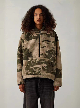 FOG宁波原版essentials迷彩纯色羊羔绒半拉链连卫衣外套连帽宽松