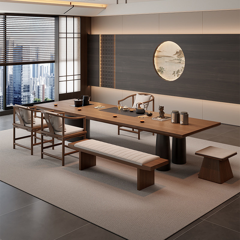 现代视觉大板茶台实木茶桌椅组合高级感办公室烧水壶一体嵌入式